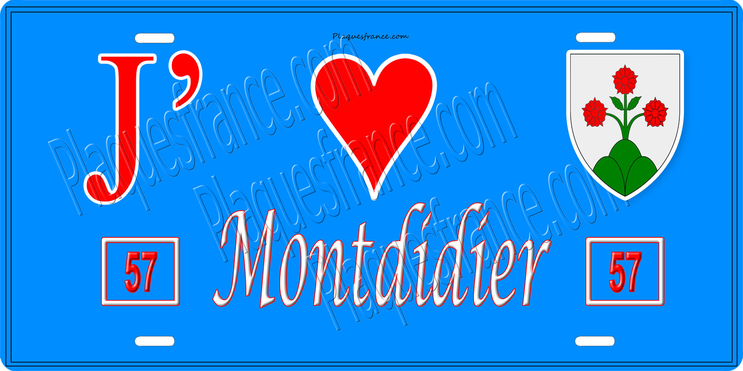 Plaque métal décorative 15 x 30 cm fond bleu 57 J' ❤️Montdidier, canton du Saulnois Moselle 57