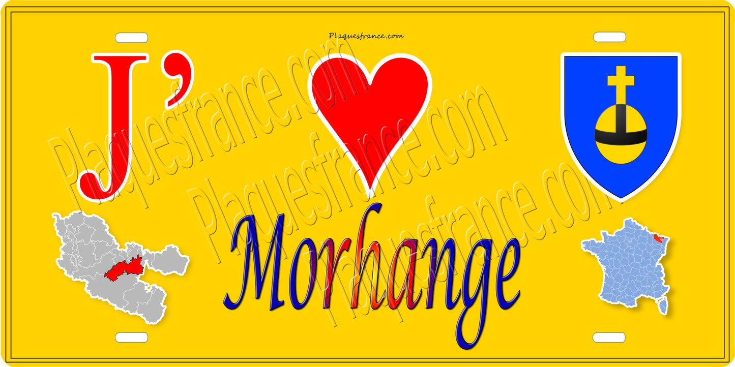 Plaque métal décorative 15 x 30 cm fond mur jaune carte J' ❤️ Morhange, canton Sarralbe Moselle 57