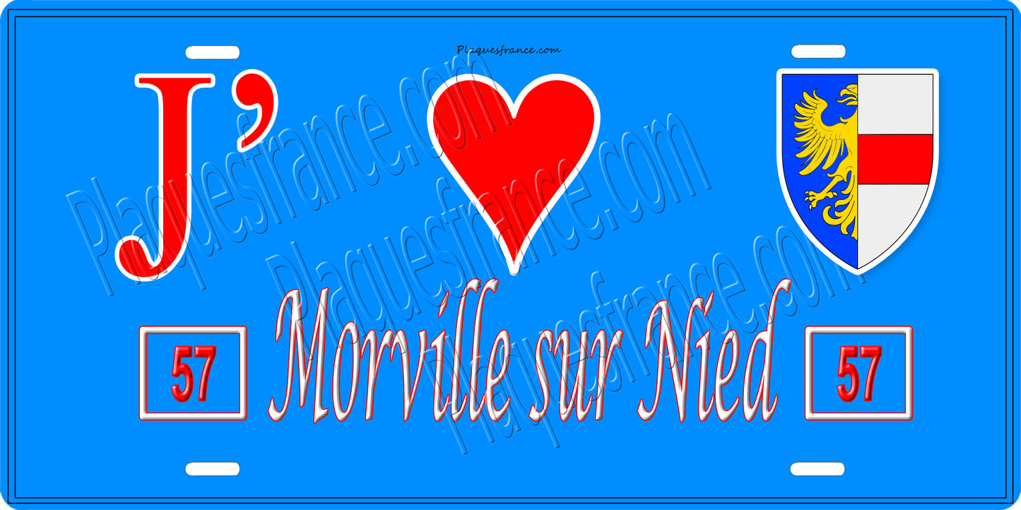 Plaque métal décorative 15 x 30 cm fond bleu 57 J' ❤️Morville sur Nied, canton du Saulnois Moselle 57