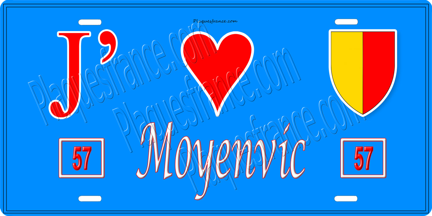 Plaque métal décorative 15 x 30 cm fond bleu 57 J' ❤️Moyenvic, canton du Saulnois Moselle 57