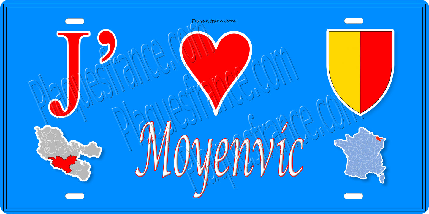 Plaque métal décorative 15 x 30 cm fond bleu carte J' ❤️ Moyenvic, canton du Saulnois Moselle 57
