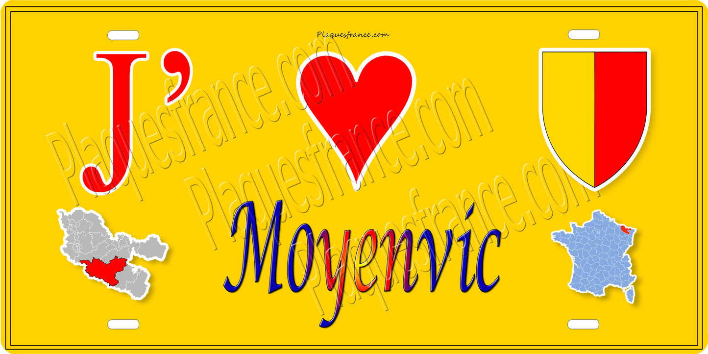 Plaque métal décorative 15 x 30 cm fond jaune carte J' ❤️ Moyenvic, canton du Saulnois Moselle 57