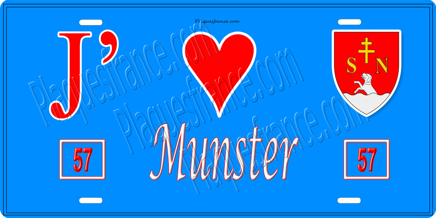 Plaque métal décorative 15 x 30 cm fond bleu 57 J' ❤️Munster, canton du Saulnois Moselle 57