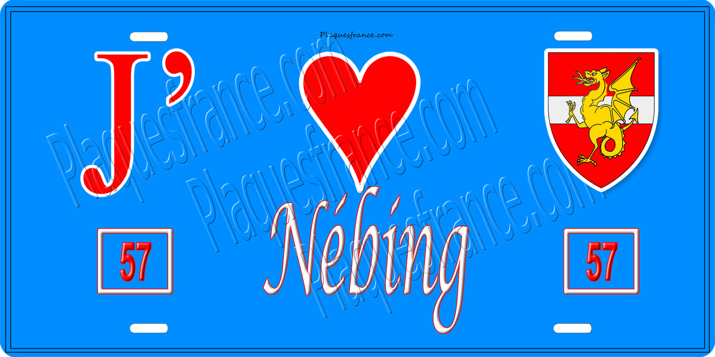 Plaque métal décorative 15 x 30 cm fond bleu 57 J' ❤️Nébing, canton du Saulnois Moselle 57