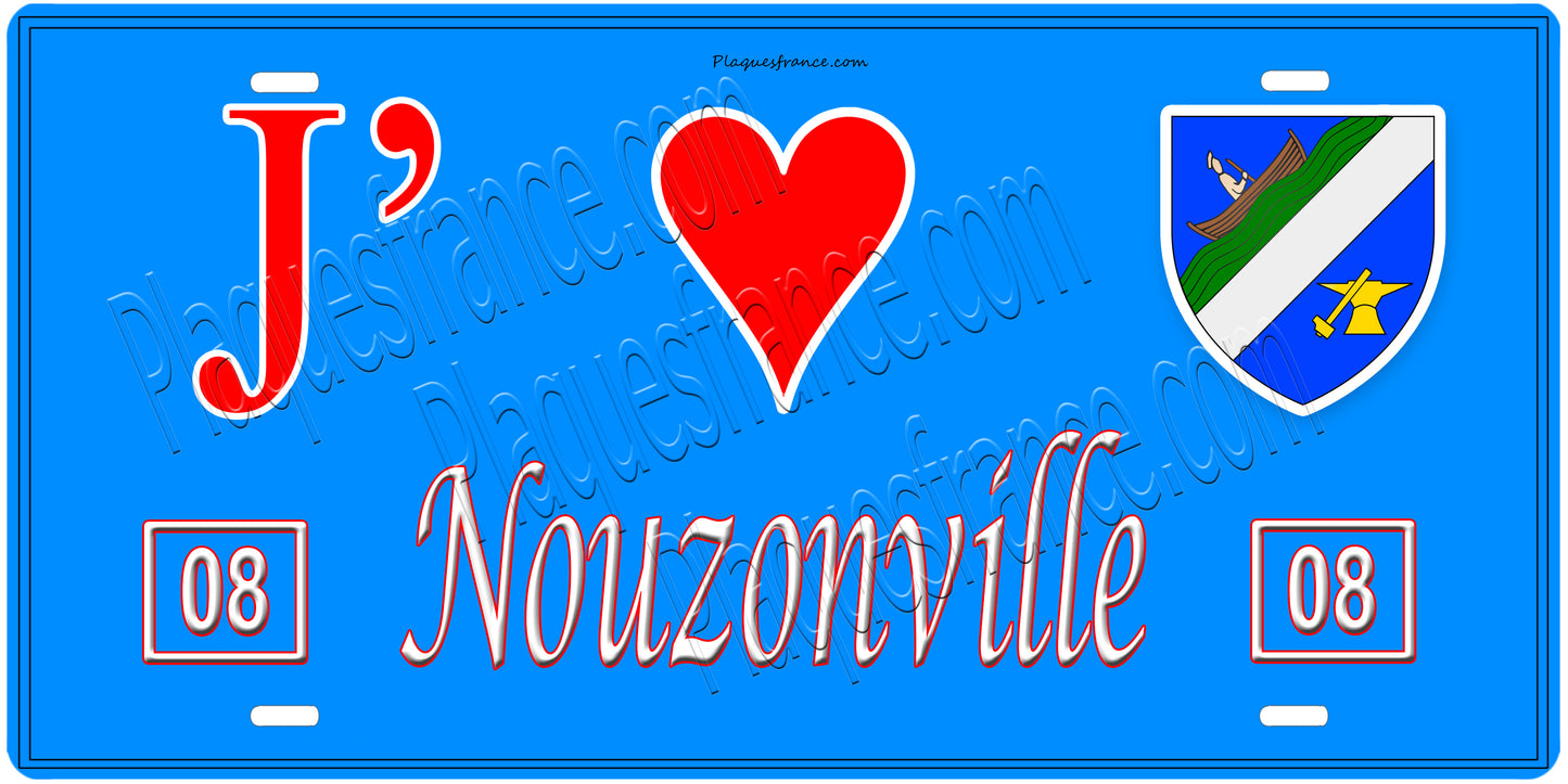 Plaque métal décorative, J' ❤️Nouzonville, Ardennes, fond mur bleu 08