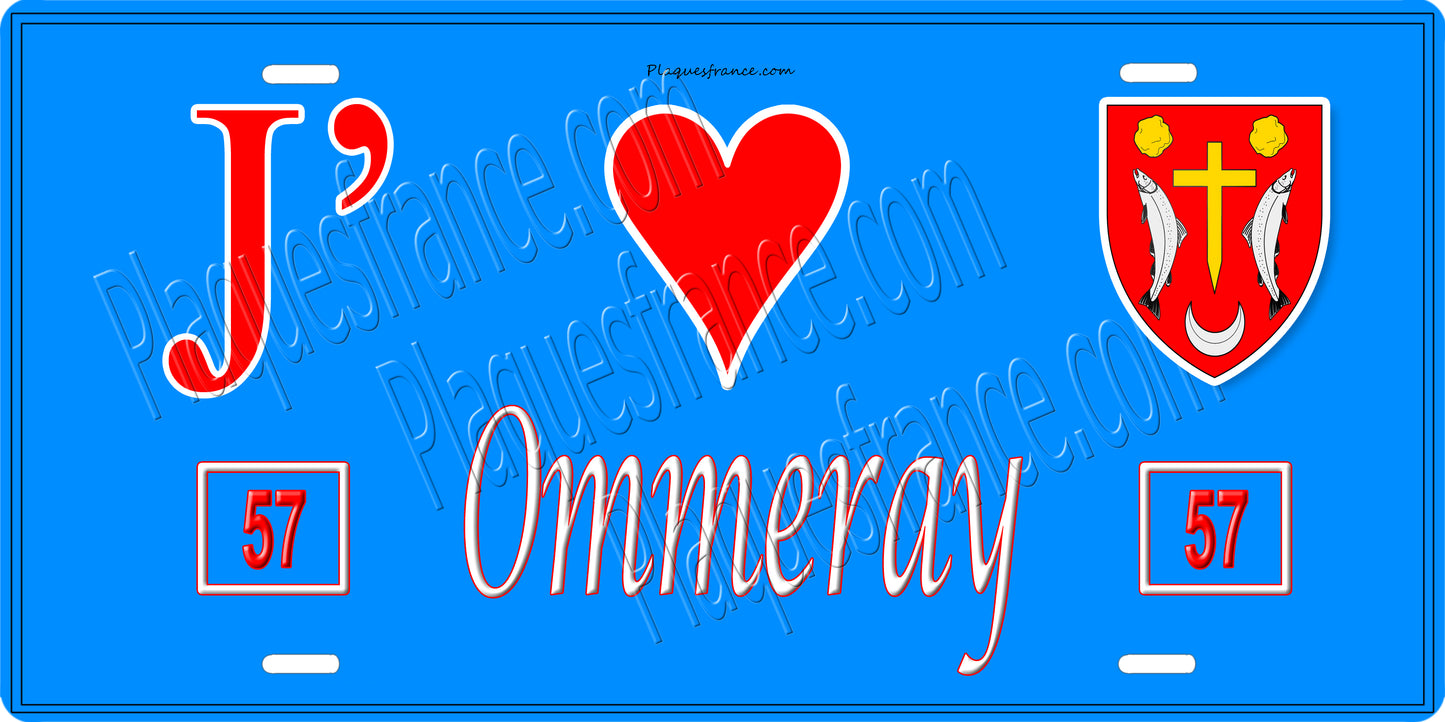 Plaque métal décorative 15 x 30 cm fond bleu 57 J' ❤️Ommeray, canton du Saulnois Moselle 57