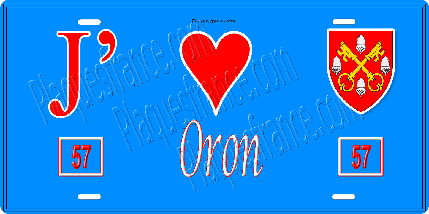 Plaque métal décorative 15 x 30 cm fond bleu 57 J' ❤️Oron, canton du Saulnois Moselle 57