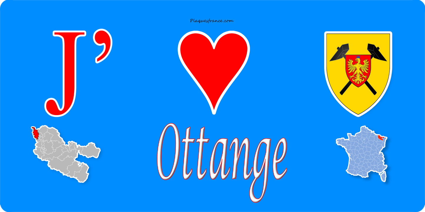 Plaque métal décorative 15 x 30 cm fond mur bleu carte J' ❤️ Ottange, canton Algrange Moselle 57