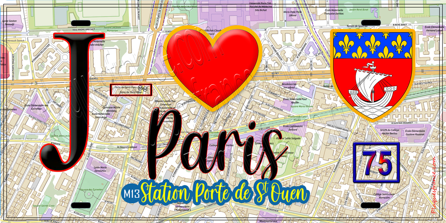 Plaque métal décorative J' ❤️ Paris : Métro Station Porte de Saint‑Ouen