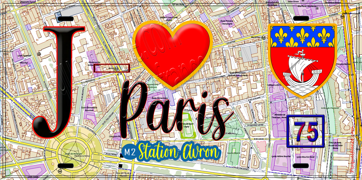Plaque métal décorative J' ❤️ Paris : Métro Station Avron