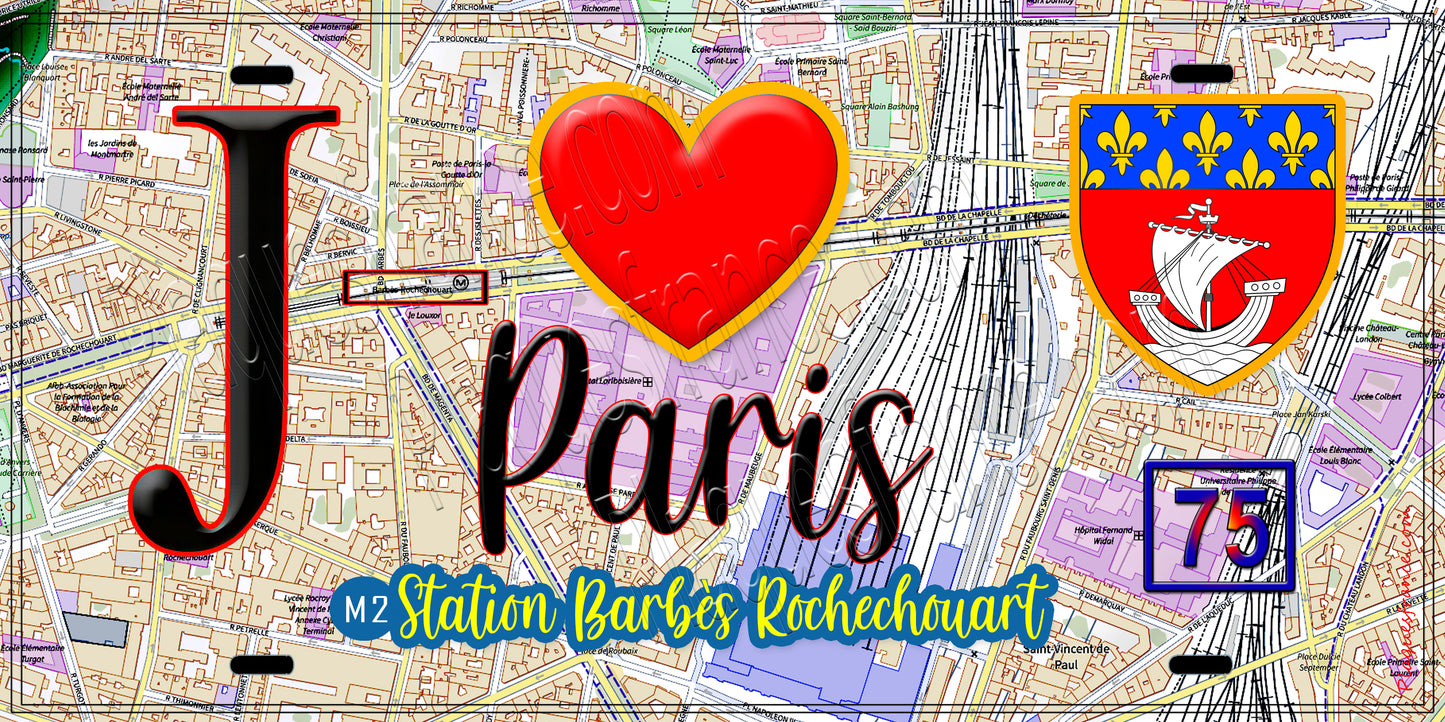 Plaque métal décorative J' ❤️ Paris : Métro Station Barbès–Rochechouart