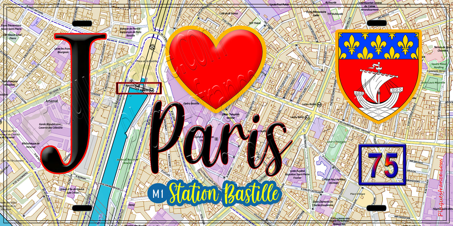 Plaque métal décorative J' ❤️ Paris : Métro Station Bastille
