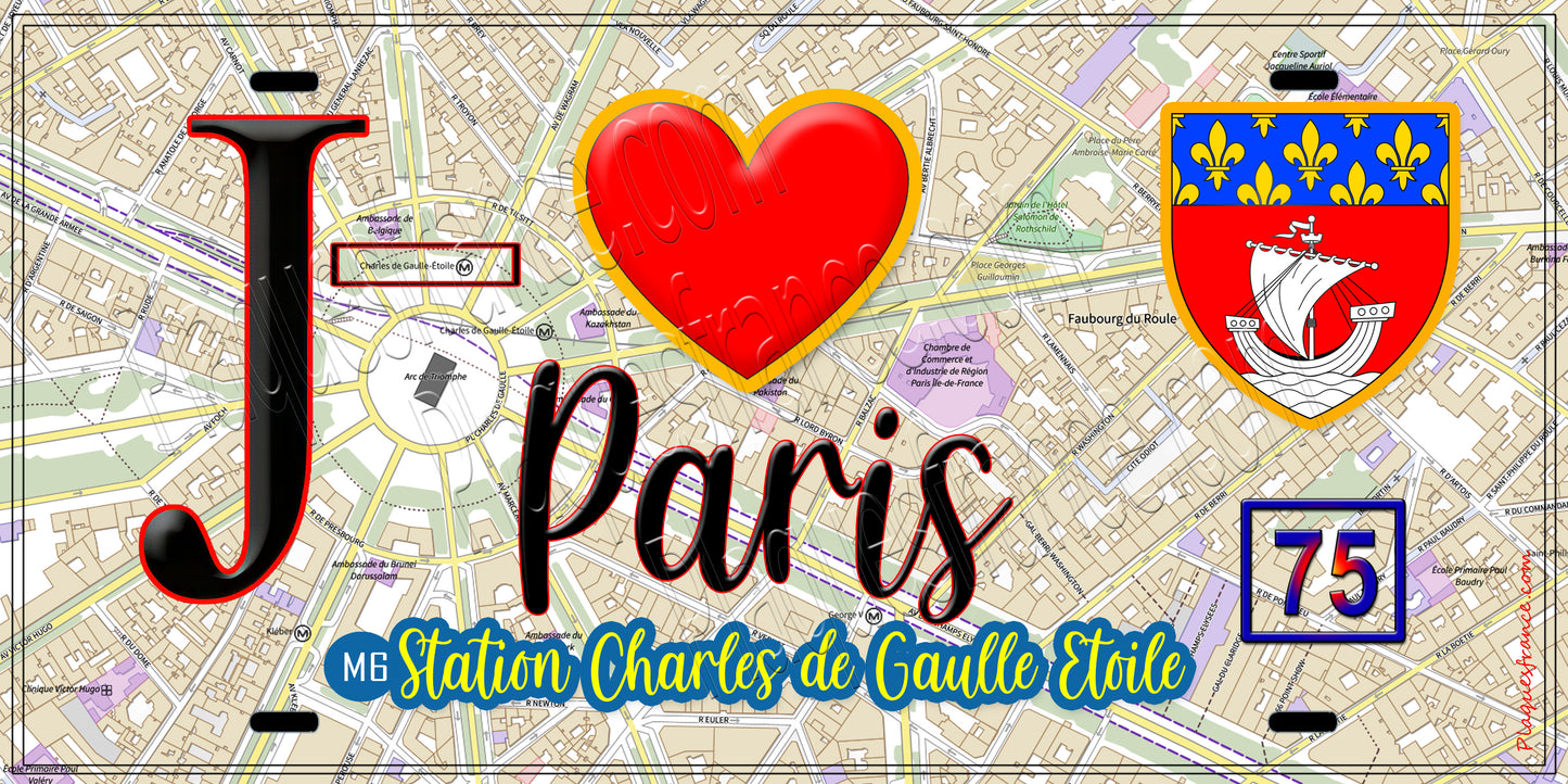 Plaque métal décorative J' ❤️ Paris : Métro Station Charles‑de‑Gaulle – Étoile
