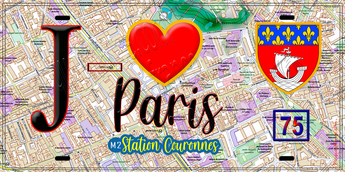 Plaque métal décorative J' ❤️ Paris : Métro Station Couronnes