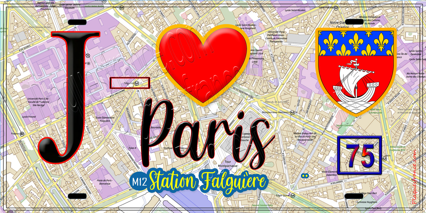 Plaque métal décorative J' ❤️ Paris : Métro Station Falguière