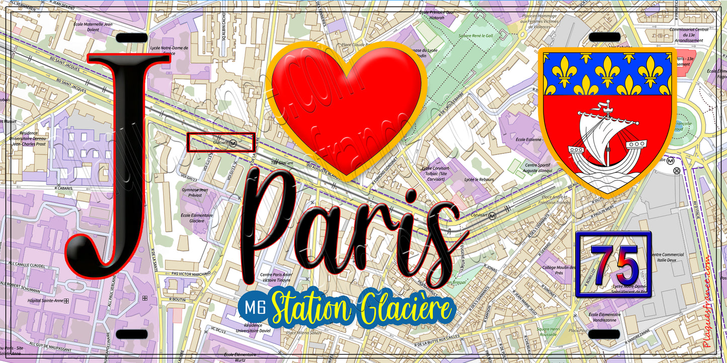 Plaque métal décorative J' ❤️ Paris : Métro Station Glacière