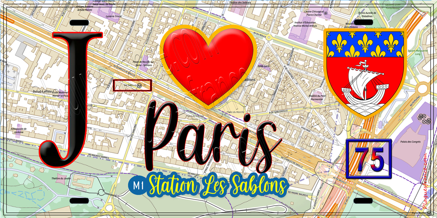 Plaque métal décorative J' ❤️ Paris : Métro Station Les Sablons