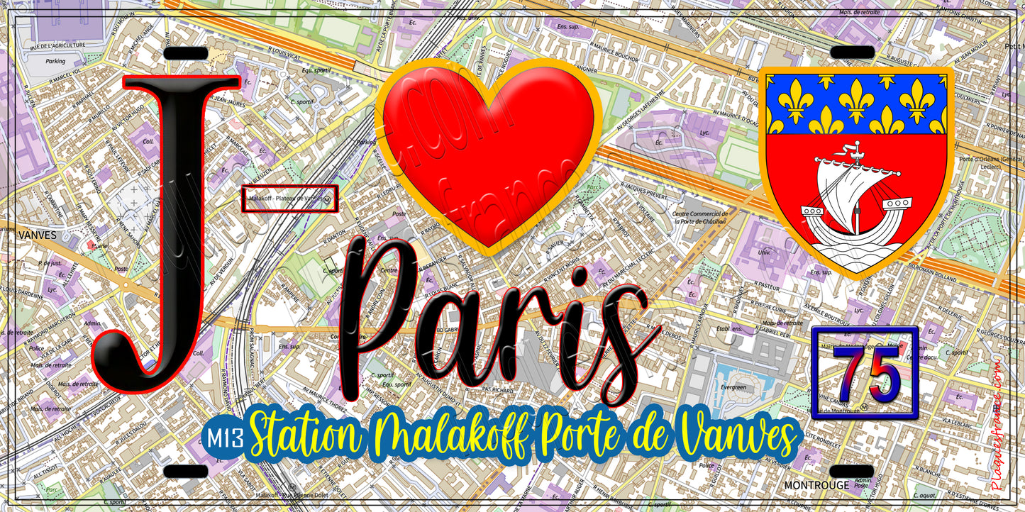 Plaque métal décorative J' ❤️ Paris : Métro Station Malakoff – Plateau de Vanves