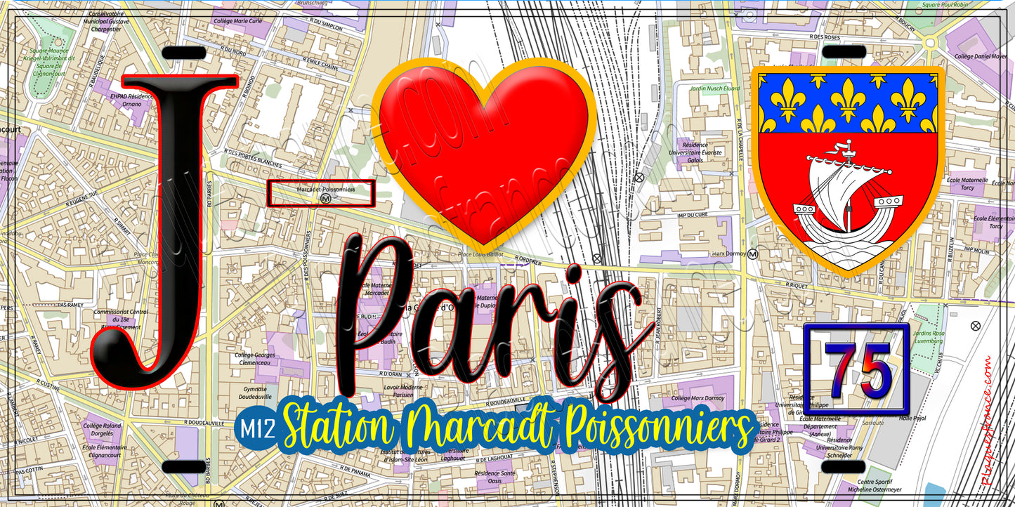 Plaque métal décorative J' ❤️ Paris : Métro Station Marcadet – Poissonniers