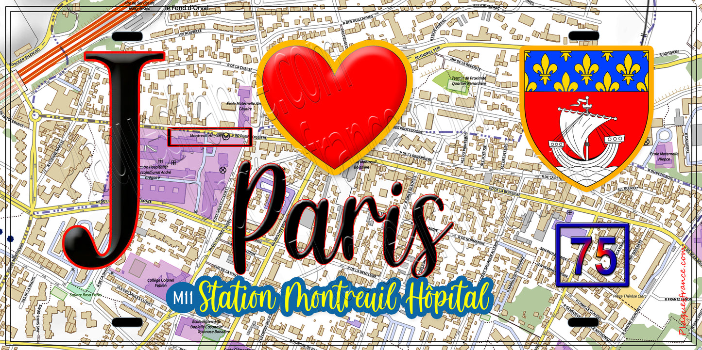 Plaque métal décorative J' ❤️ Paris : Métro Station Montreuil – Hôpital
