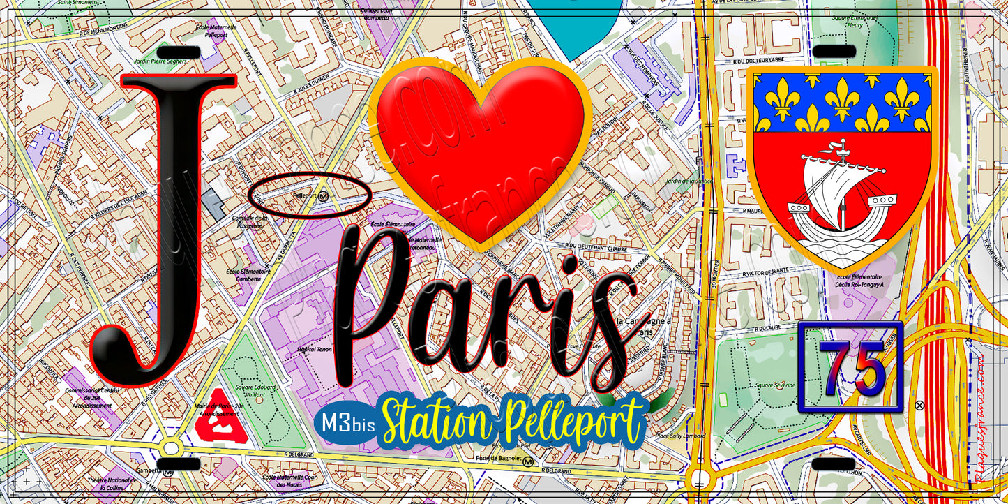 Plaque métal décorative J' ❤️ Paris : Métro Pelleport