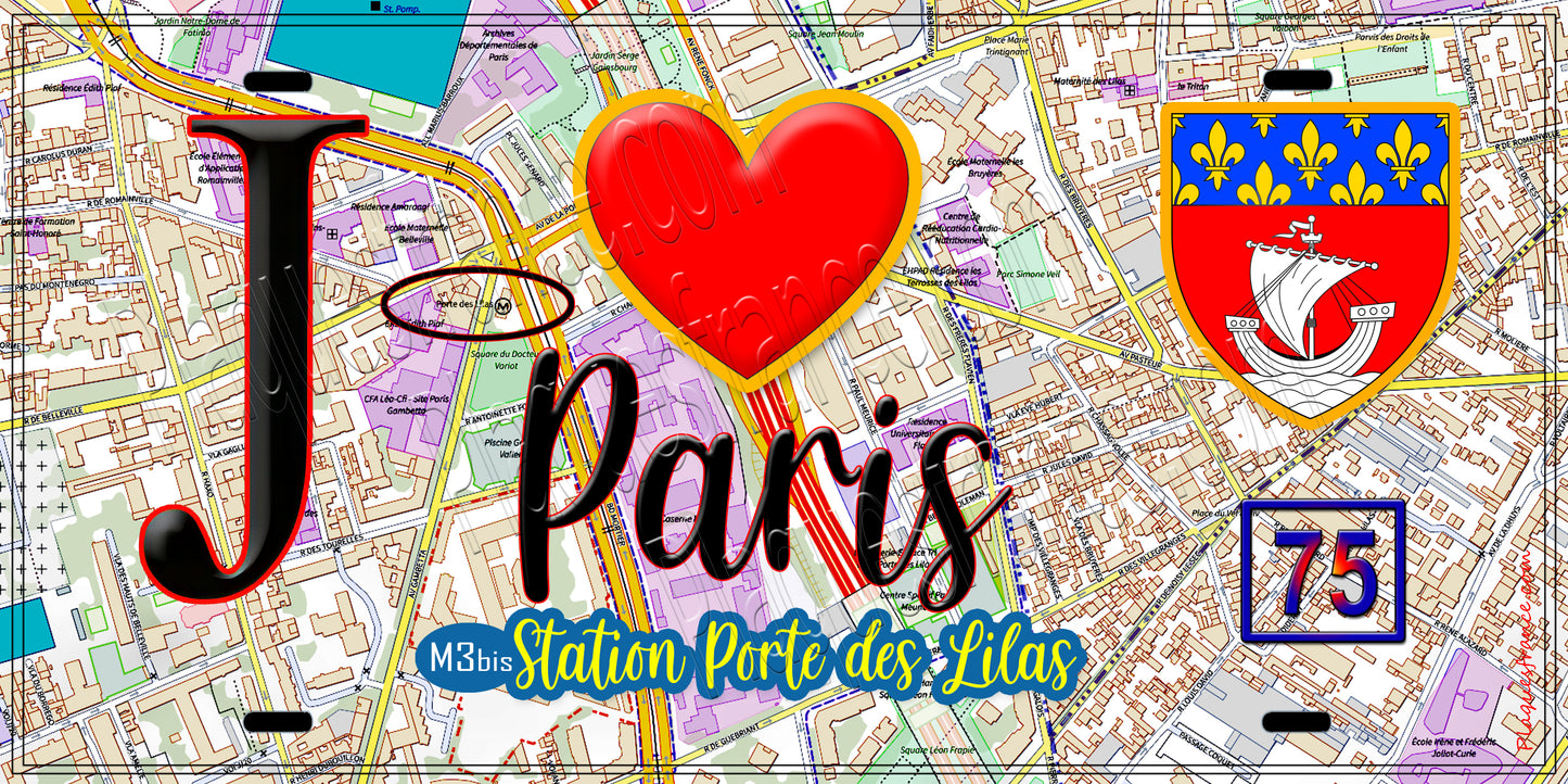 Plaque métal décorative J' ❤️ Paris : Métro Porte des Lilas