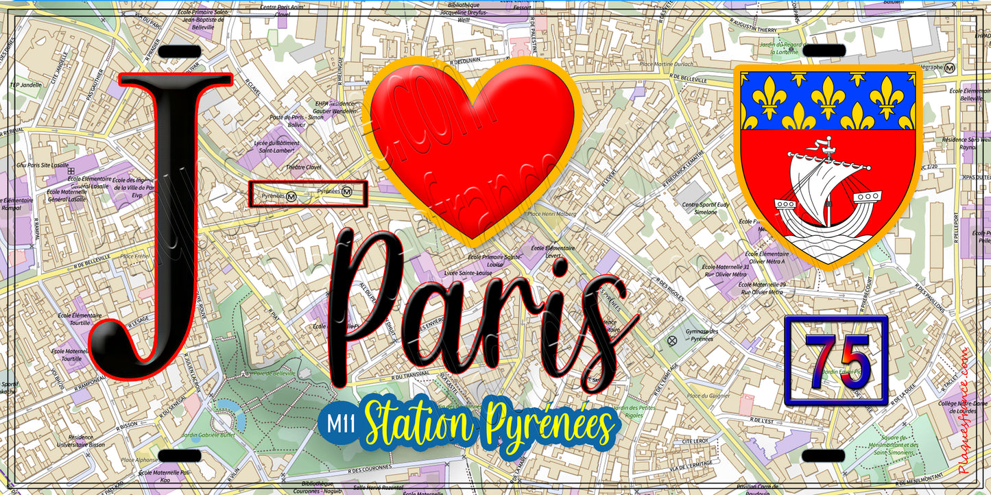Plaque métal décorative J' ❤️ Paris : Métro Station Pyrénées