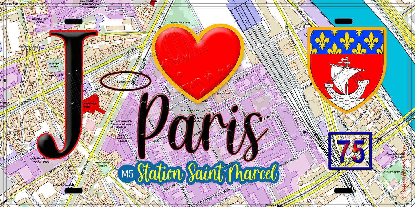 Plaque métal décorative J' ❤️ Paris : Métro Station Saint‑Marcel