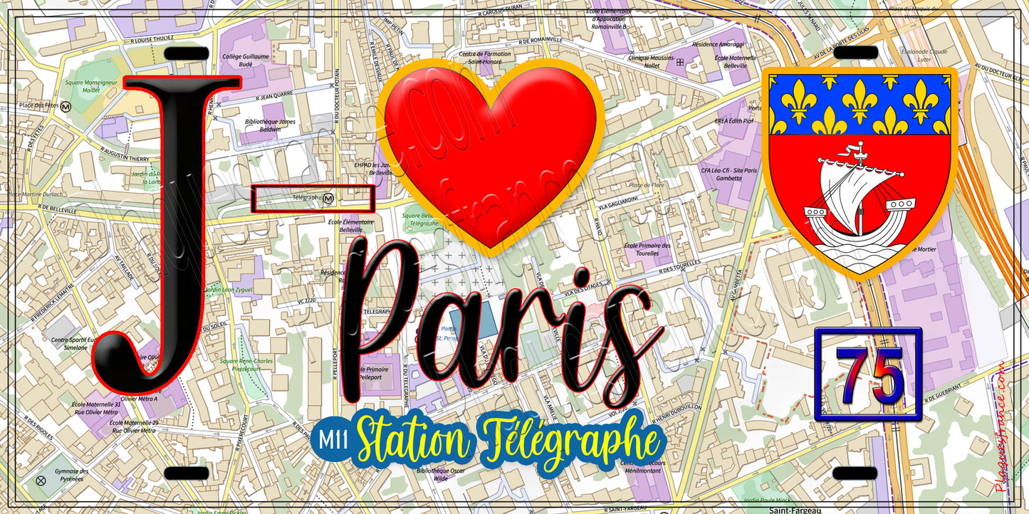 Plaque métal décorative J' ❤️ Paris : Métro Station Télégraphe