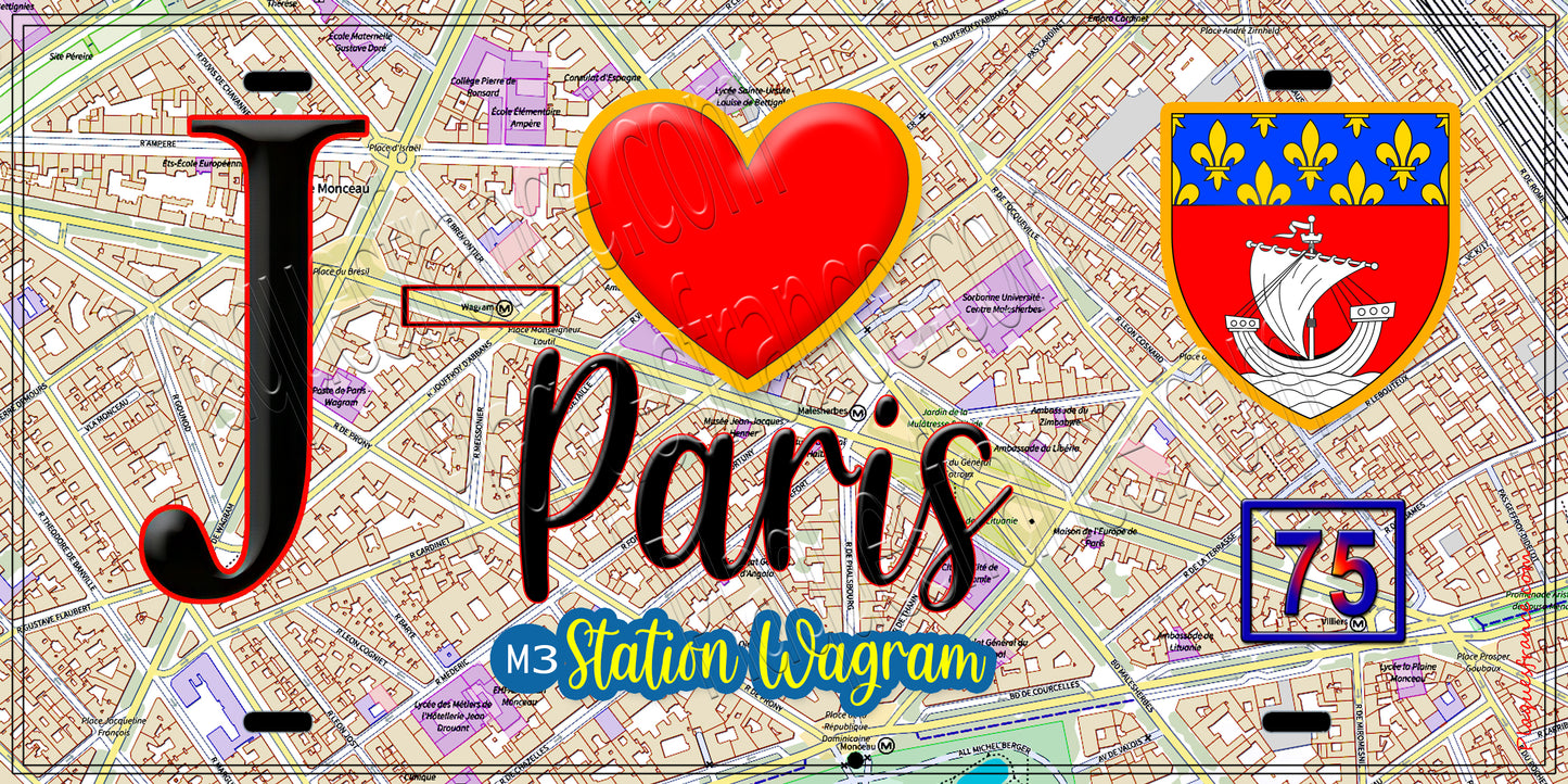 Plaque métal décorative J' ❤️ Paris : Métro Wagram