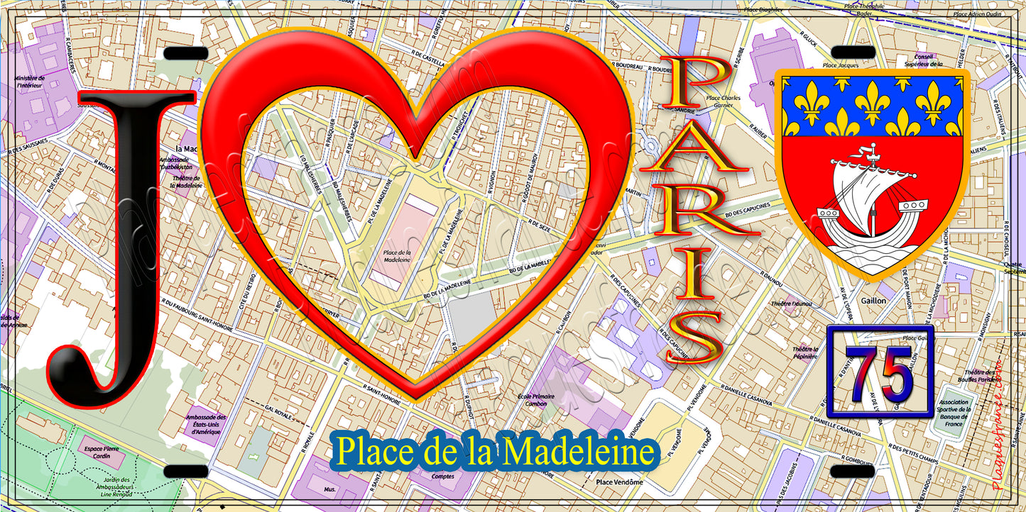 Plaque métal décorative J' ❤️ Paris : Place de la Madeleine