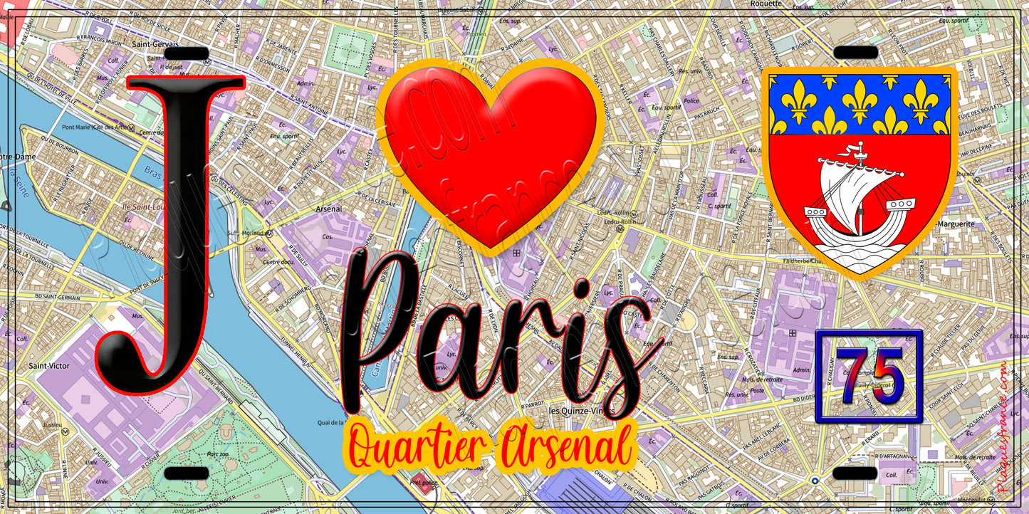 Plaque métal décorative J' ❤️ Paris : Quartier Arsenal