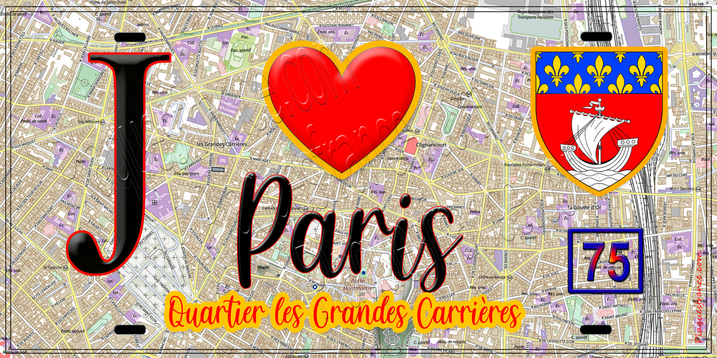 Plaque métal décorative J' ❤️ Paris : Quartier Grandes-Carrières