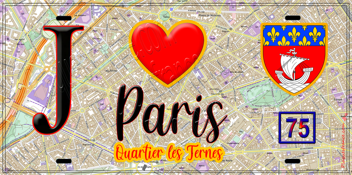 Plaque métal décorative J' ❤️ Paris : Quartier Ternes