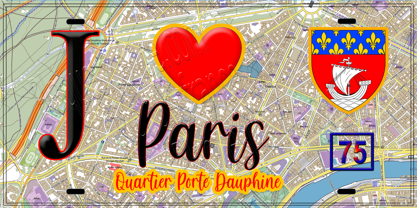 Plaque métal décorative J' ❤️ Paris : Quartier Porte-Dauphine