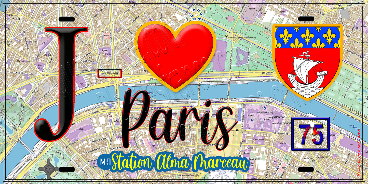 Plaque métal décorative J' ❤️ Paris : Métro Station Alma – Marceau