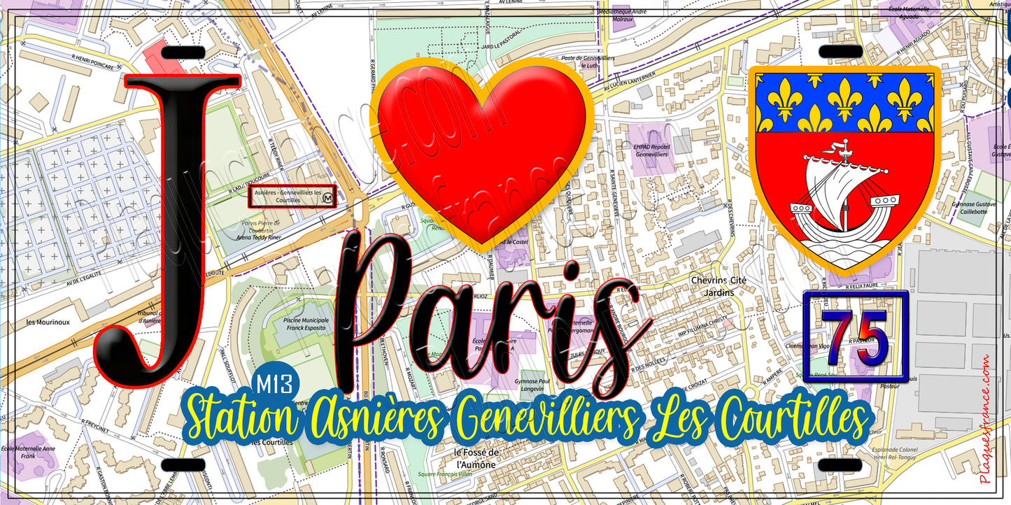 Plaque métal décorative J' ❤️ Paris : Métro Station Asnières – Gennevilliers – Les Courtilles