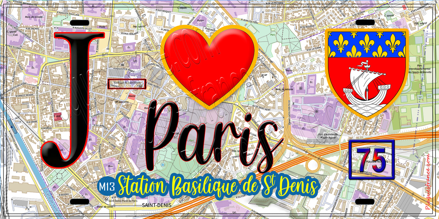 Plaque métal décorative J' ❤️ Paris : Métro Station Basilique de Saint‑Denis