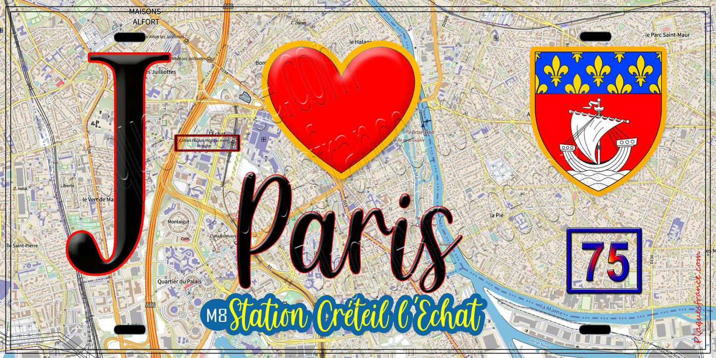 Plaque métal décorative J' ❤️ Paris : Métro Station Créteil l'Echat