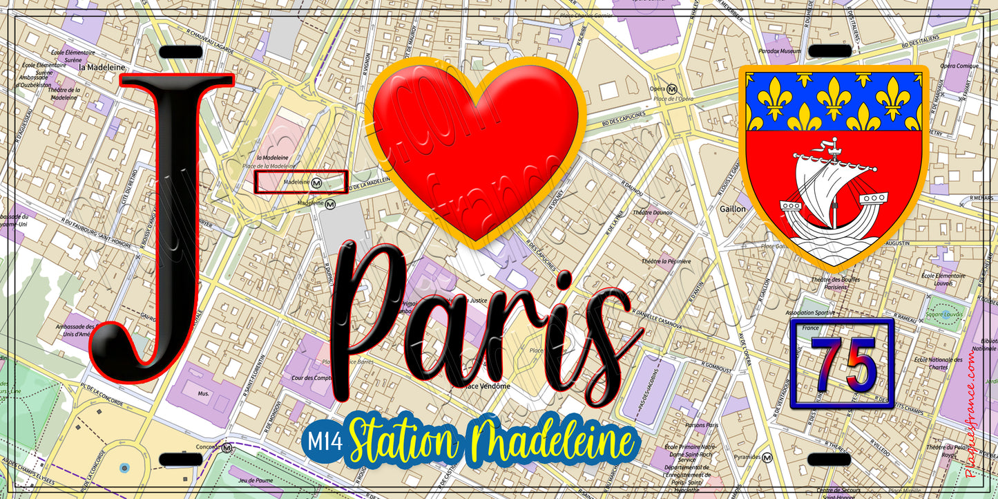 Plaque métal décorative J' ❤️ Paris : Métro Station Madeleine