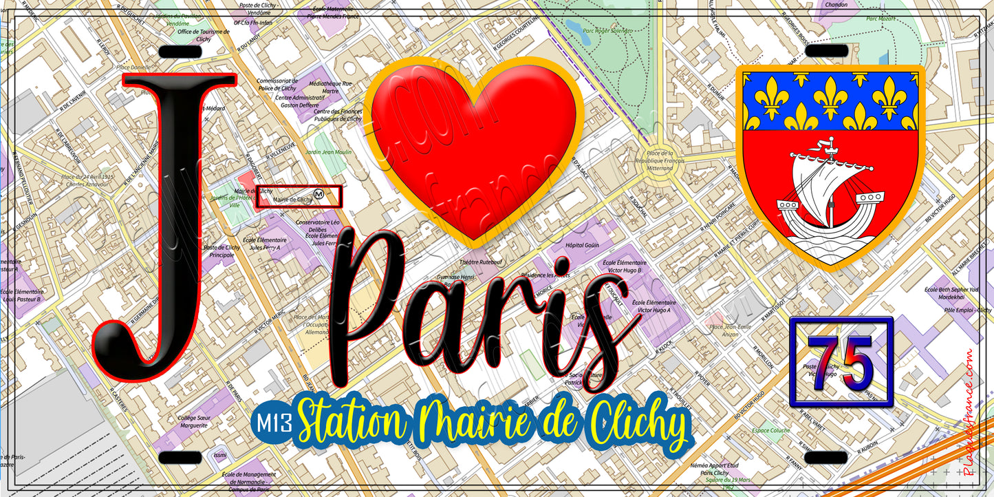 Plaque métal décorative J' ❤️ Paris : Métro Station Mairie de Clichy