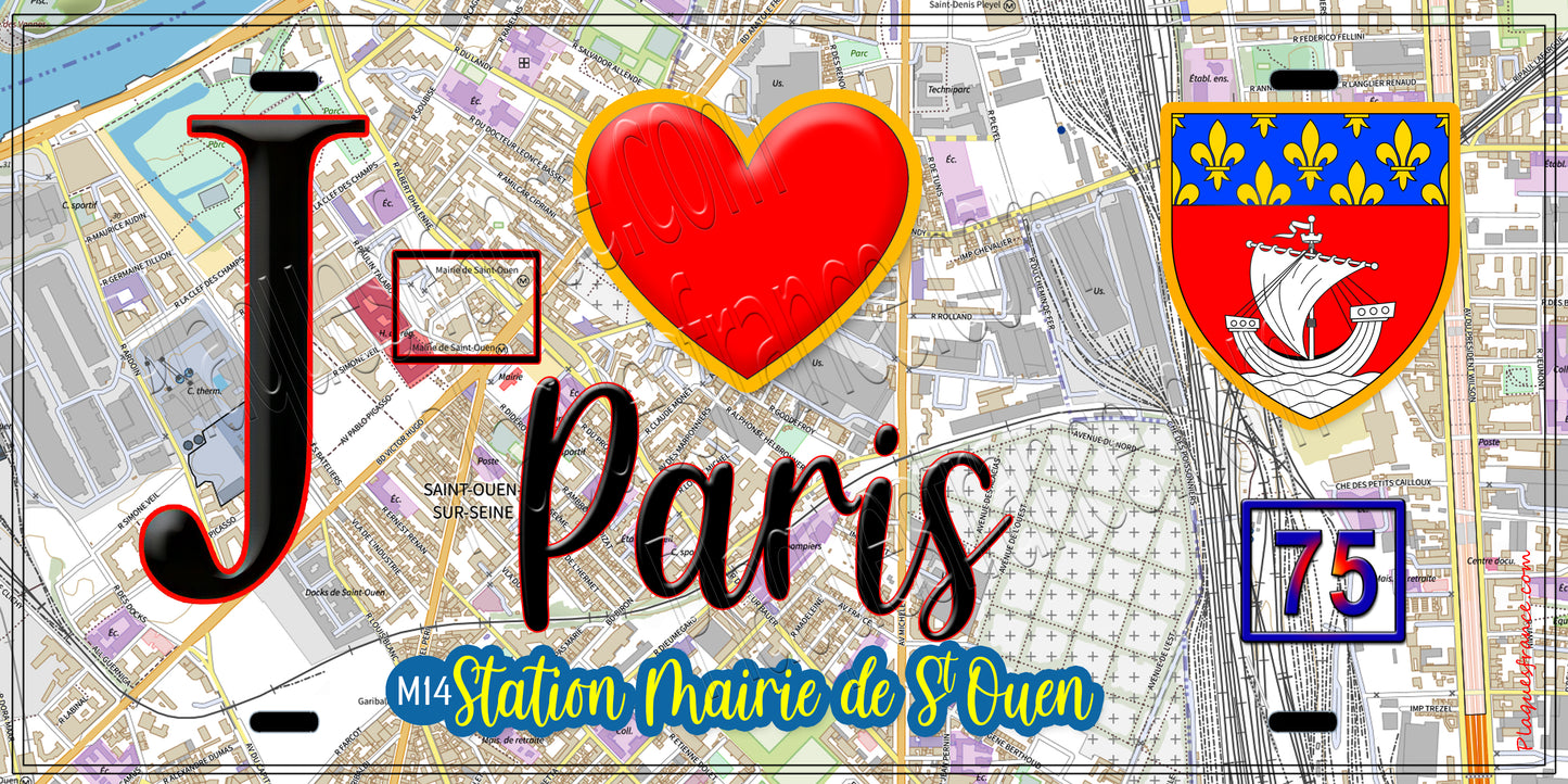 Plaque métal décorative J' ❤️ Paris : Métro Station Mairie de Saint‑Ouen