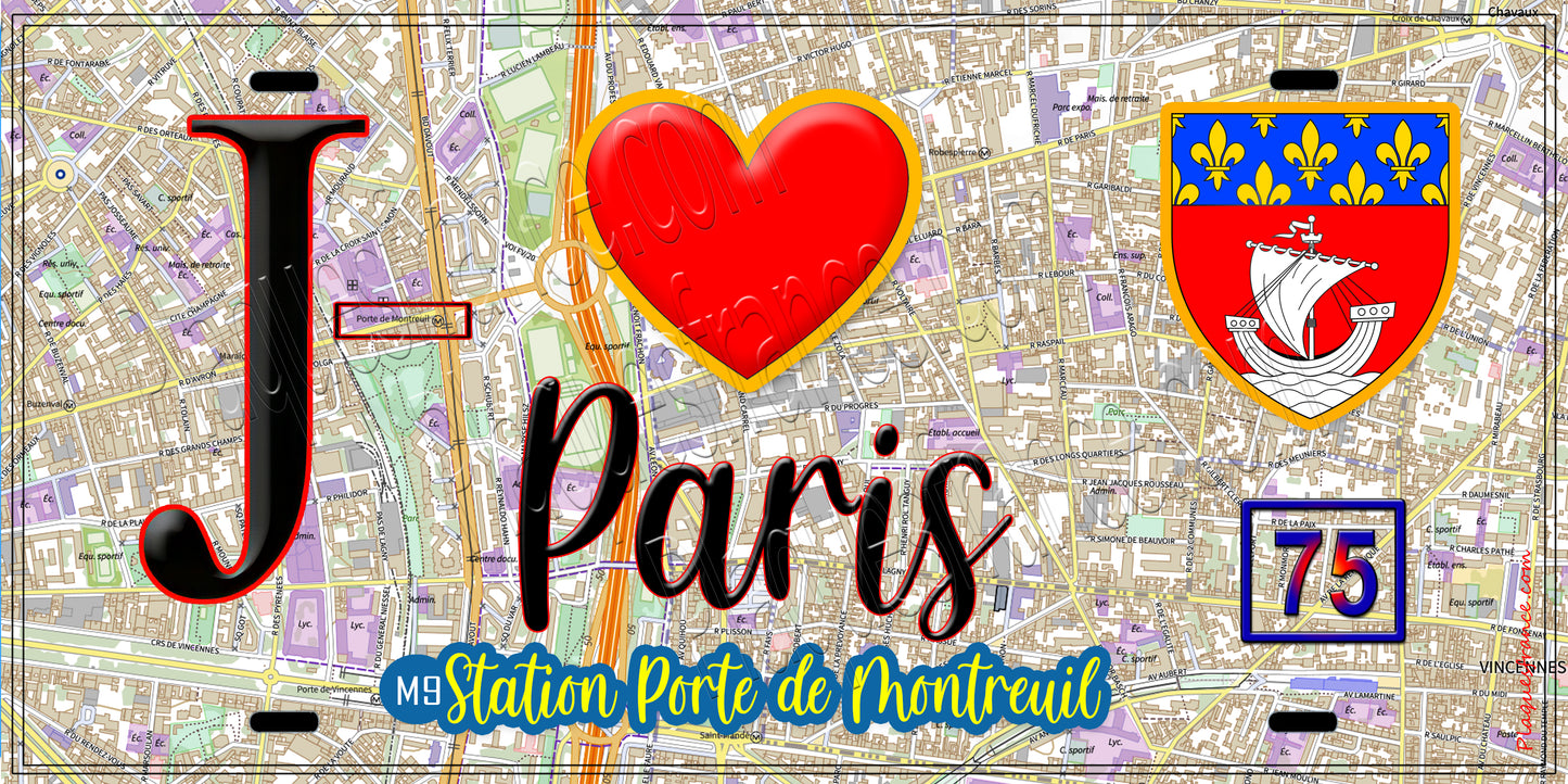 Plaque métal décorative J' ❤️ Paris : Métro Station Porte de Montreuil