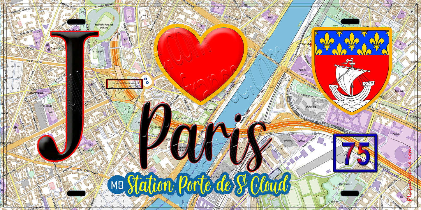 Plaque métal décorative J' ❤️ Paris : Métro Station Porte de Saint‑Cloud