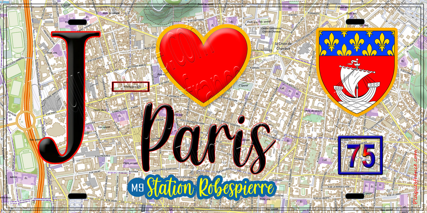 Plaque métal décorative J' ❤️ Paris : Métro Station Robespierre