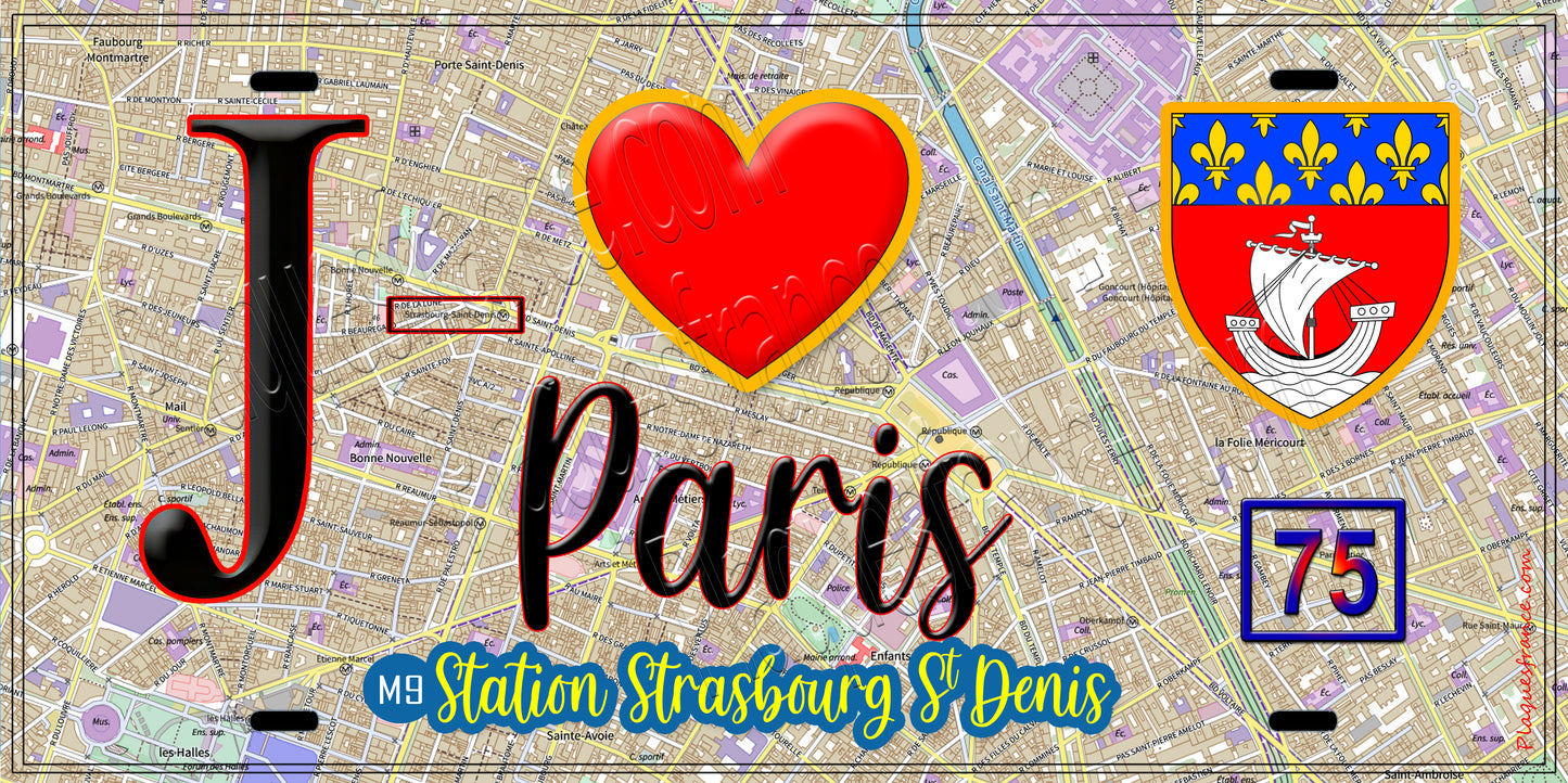 Plaque métal décorative J' ❤️ Paris : Métro Station Strasbourg – Saint‑Denis