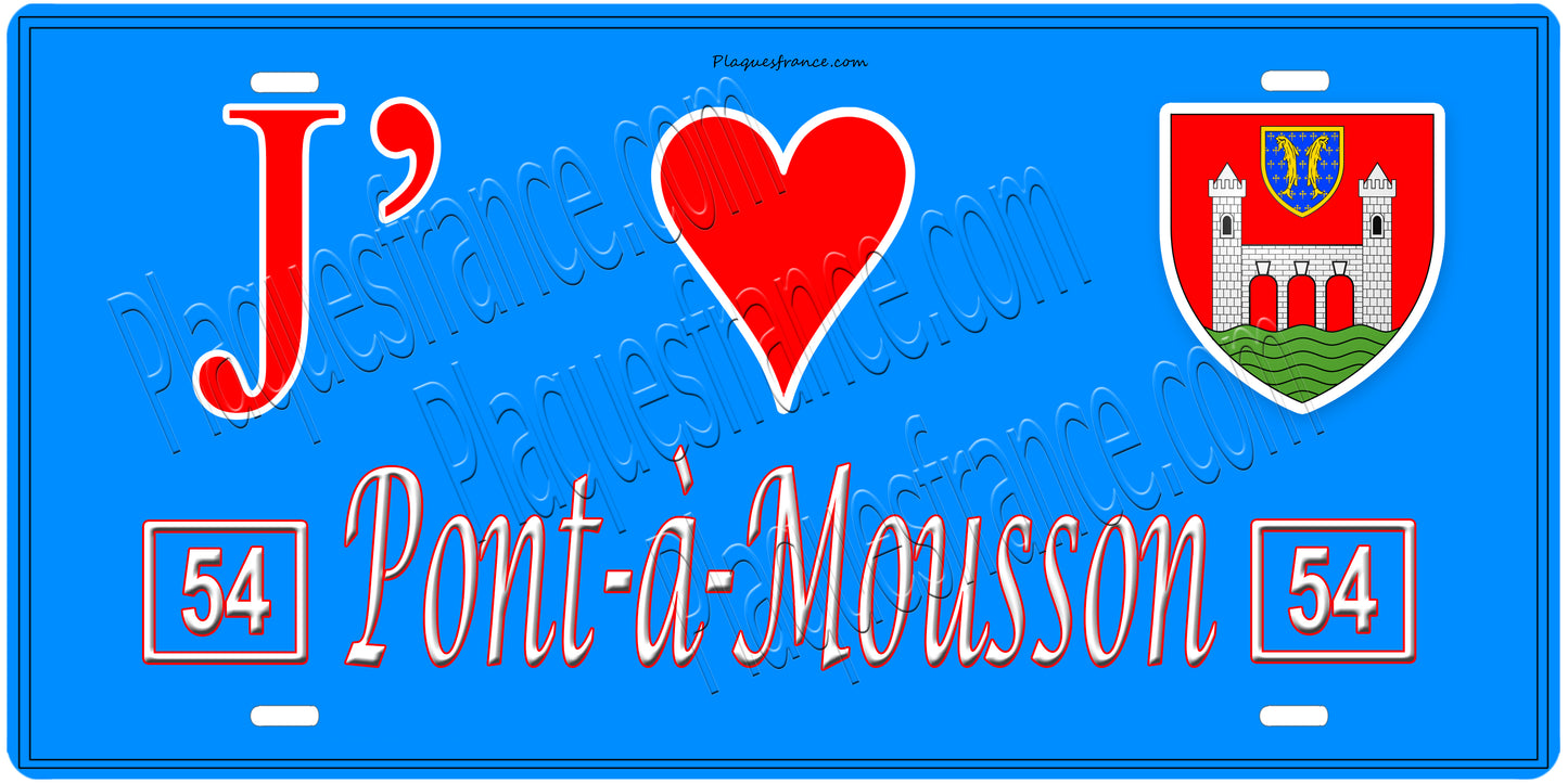 Plaque métal décorative, J' ❤️Pont à Mousson, Meurthe et Moselle, fond mur bleu 54