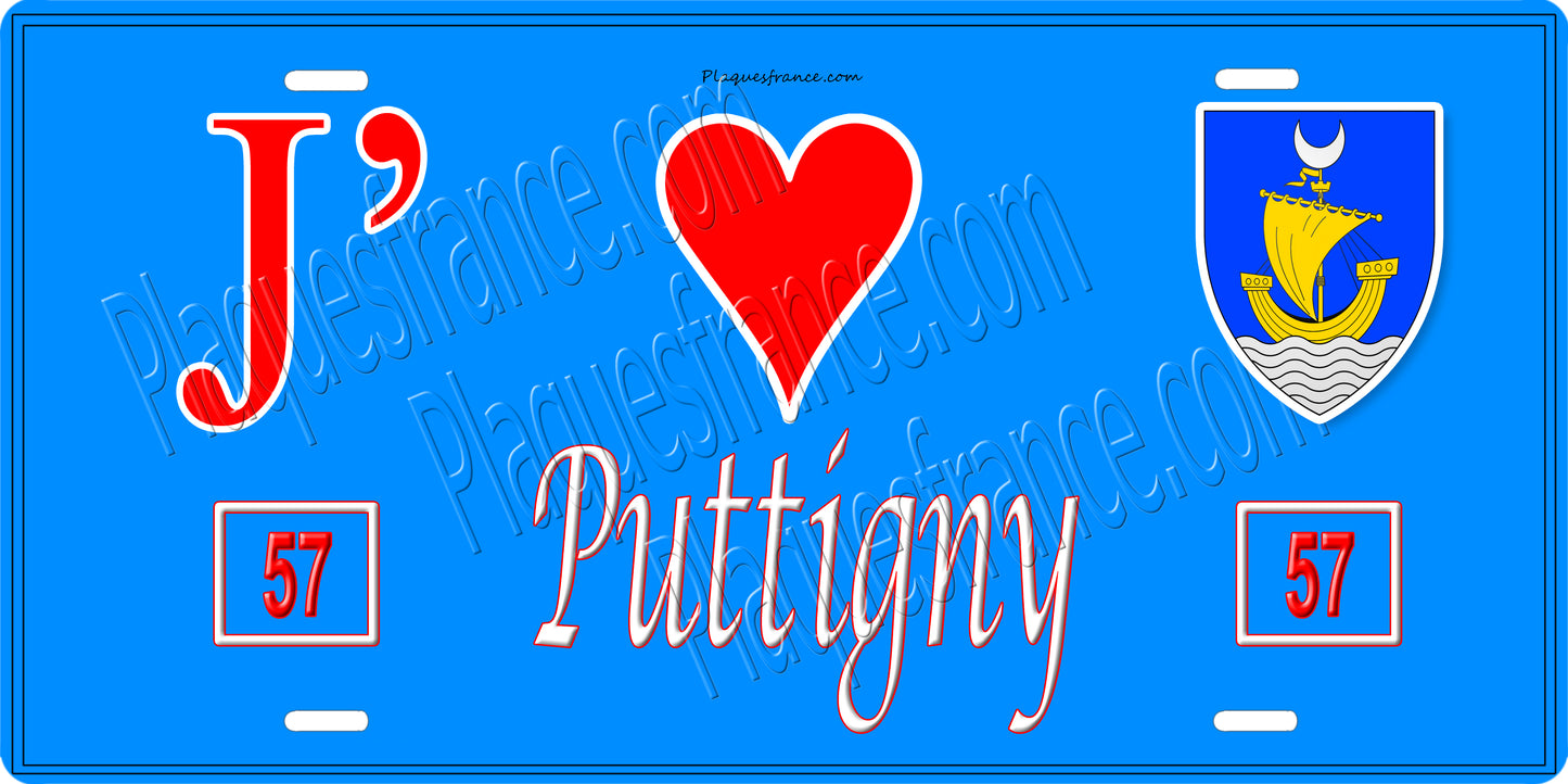 Plaque métal décorative 15 x 30 cm fond bleu 57 J' ❤️Puttigny, canton du Saulnois Moselle 57