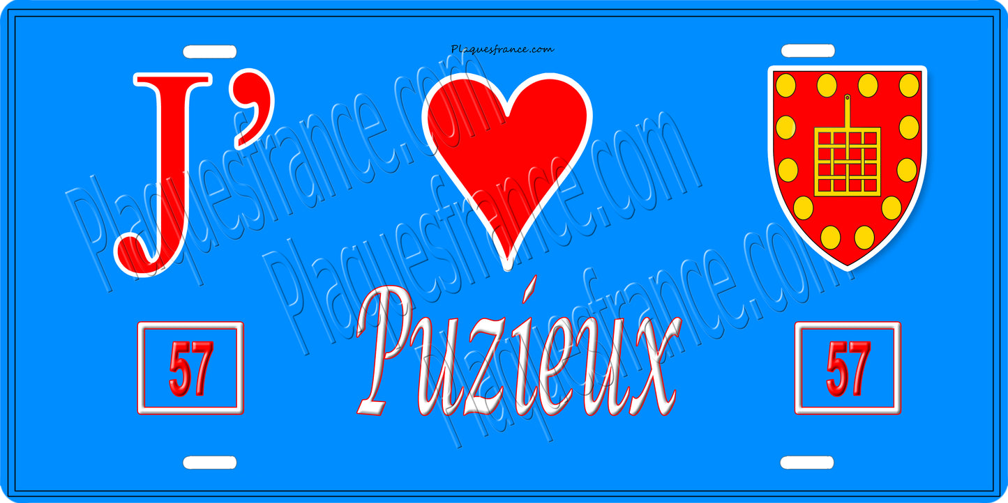 Plaque métal décorative 15 x 30 cm fond bleu 57 J' ❤️Puzieux, canton du Saulnois Moselle 57
