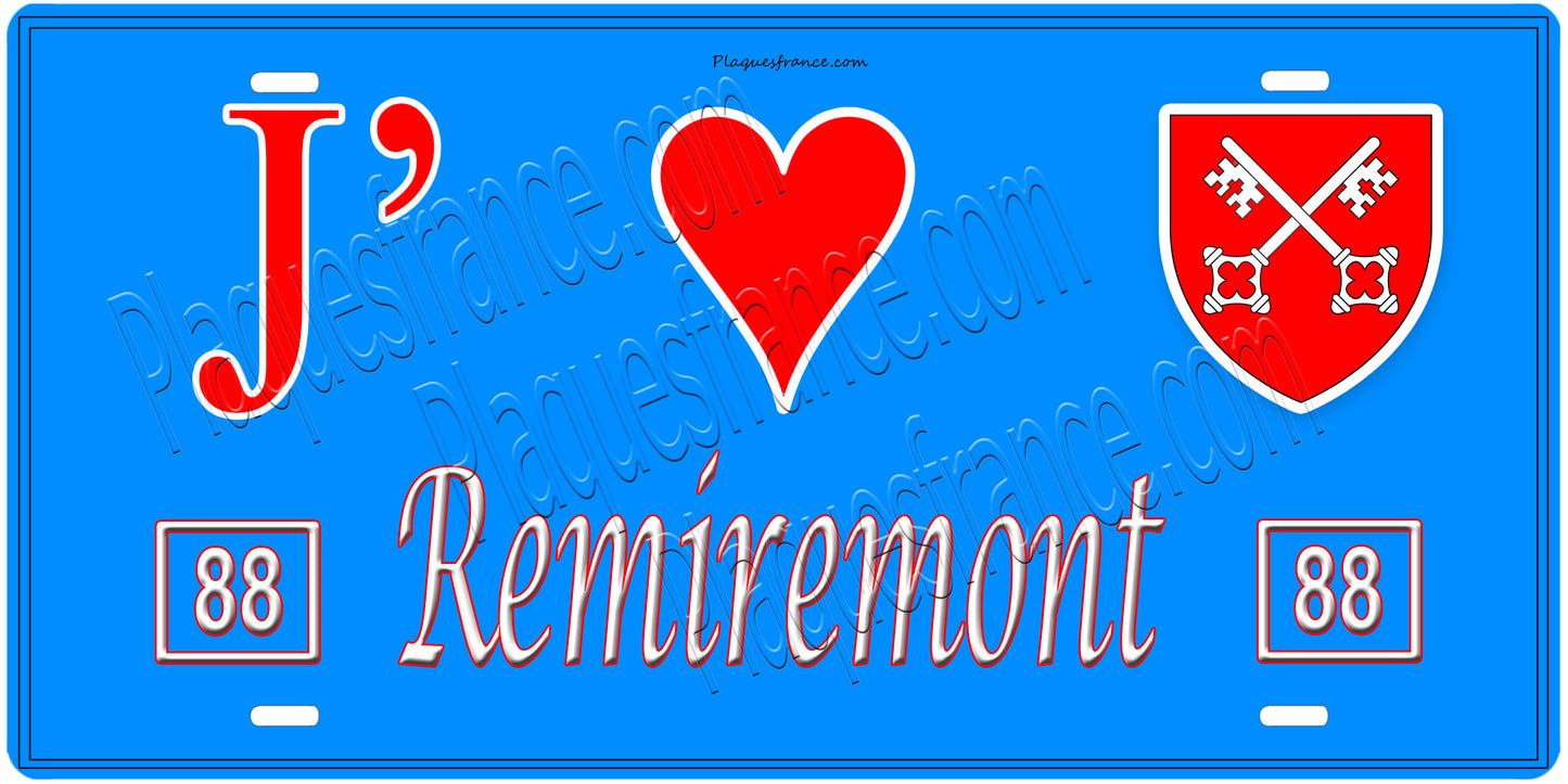 Plaque métal décorative, J' ❤️Remiremont, fond mur bleu 88
